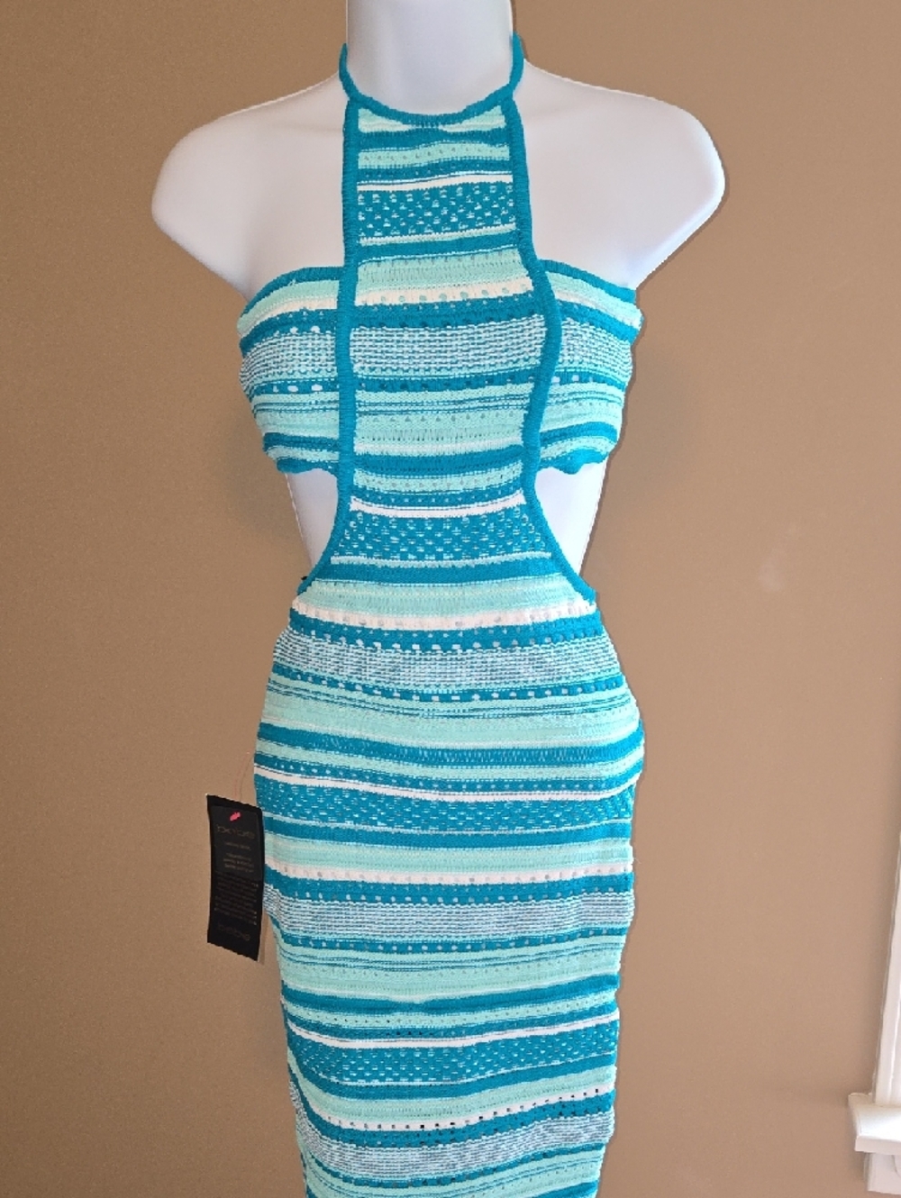 bebe Teal, Aqua & White Striped Cutout Halter Midi Dress SEXY NWT XS - Picture 4 of 9